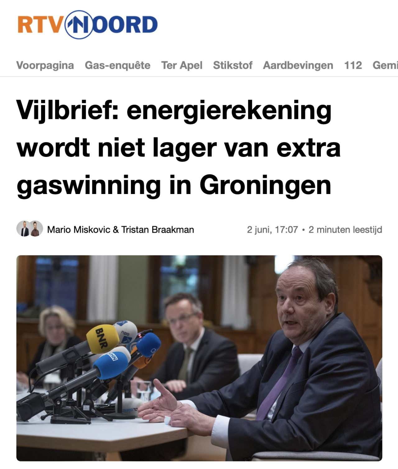 RTV Noord. Vijlbrief: energierekening wordt niet lager van extra gaswinning in Groningen.